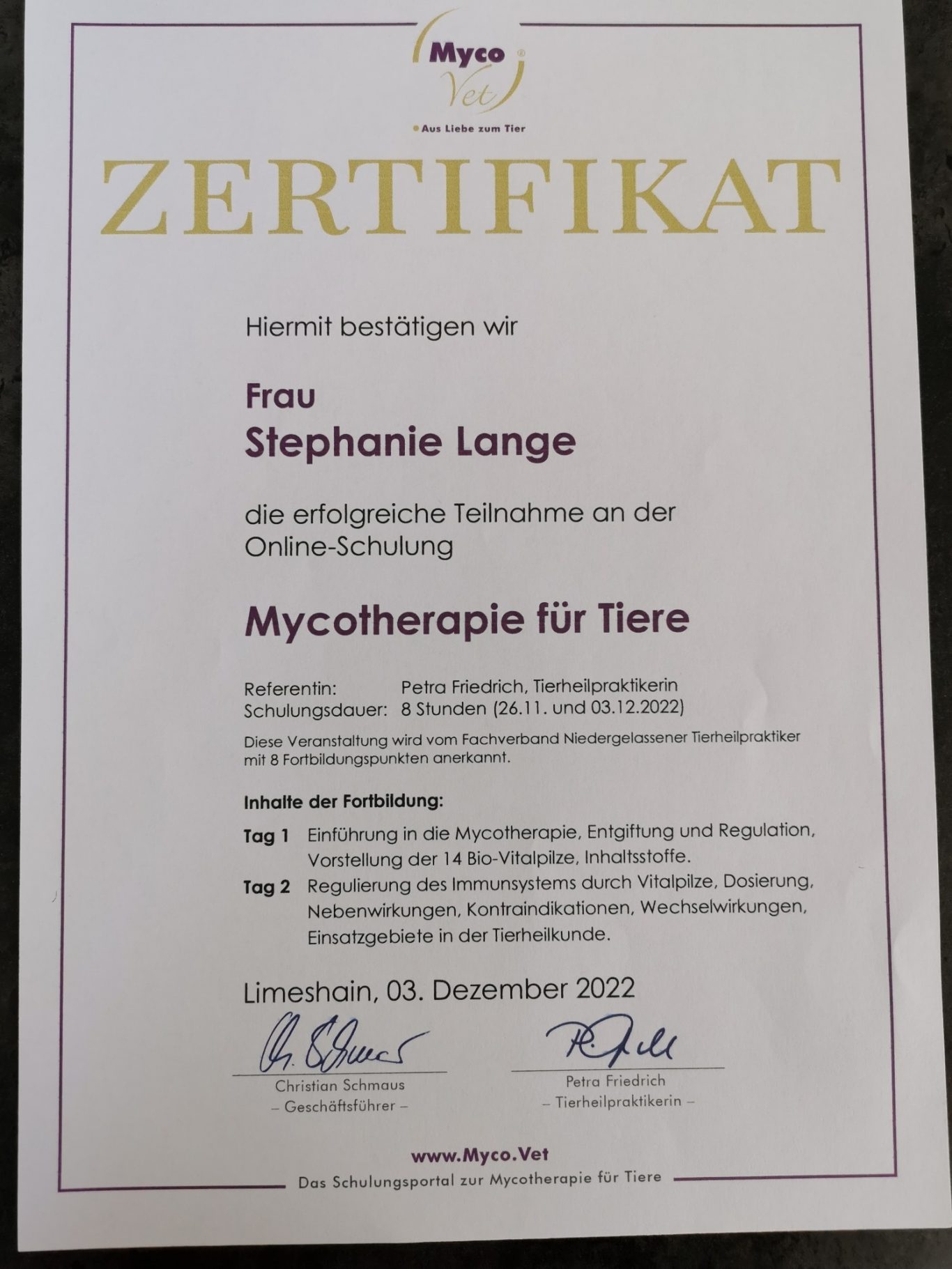 Zertifikat Mykotherapie für Tiere Zertifikat Mykotherapie für Tiere