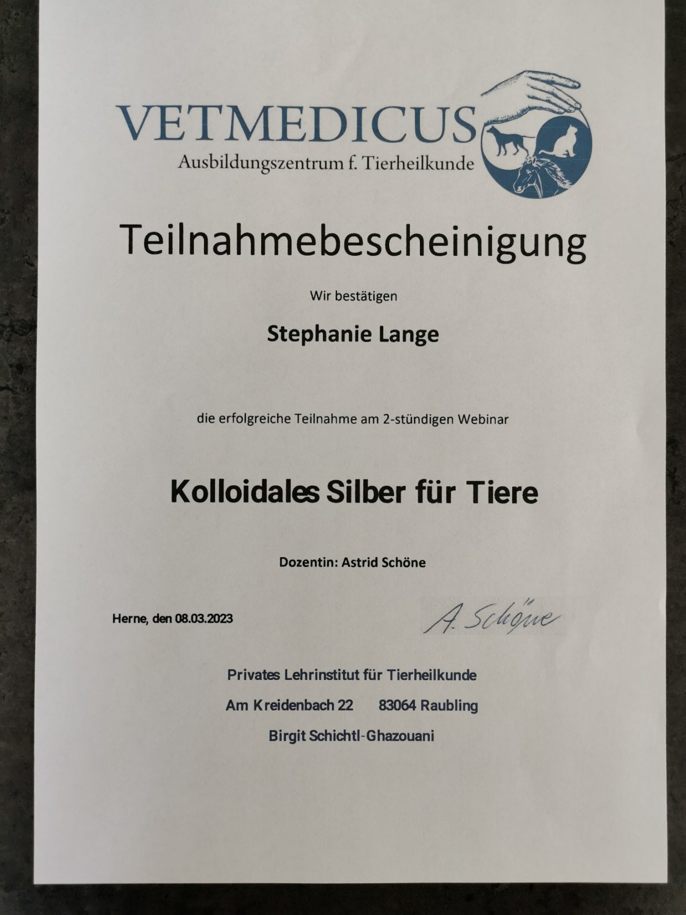 Teilnahmebescheinigung Kolloidales Silber für Tiere Teilnahmebescheinigung Kolloidales Silber für Tiere